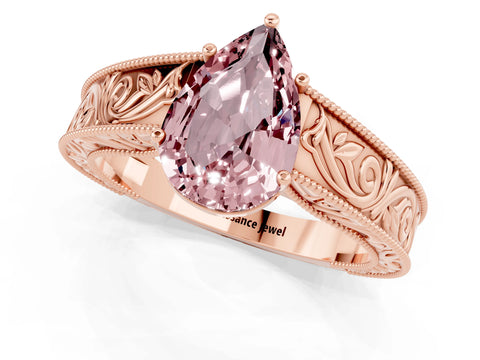 Rose gold Pear Cut Morganite Solitaire Ring with Engraved Band and Four-Prong Setting_1