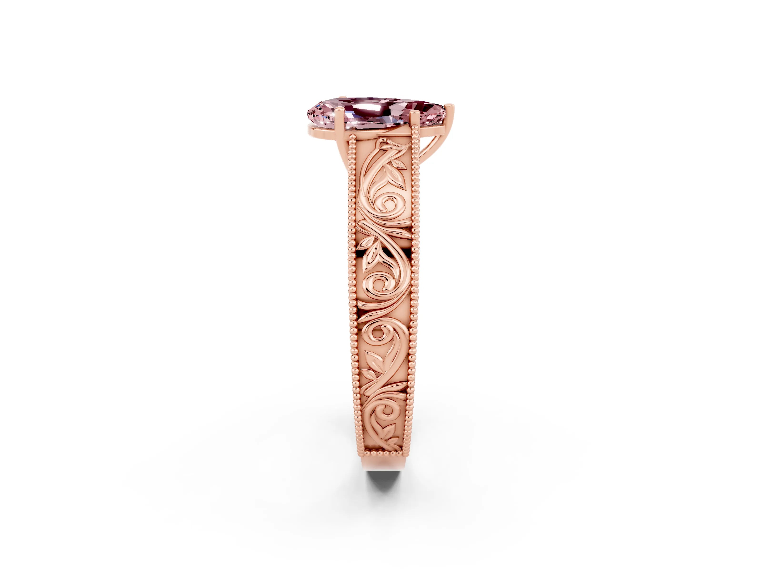 Rose gold Pear Cut Morganite Solitaire Ring with Engraved Band and Four-Prong Setting_2