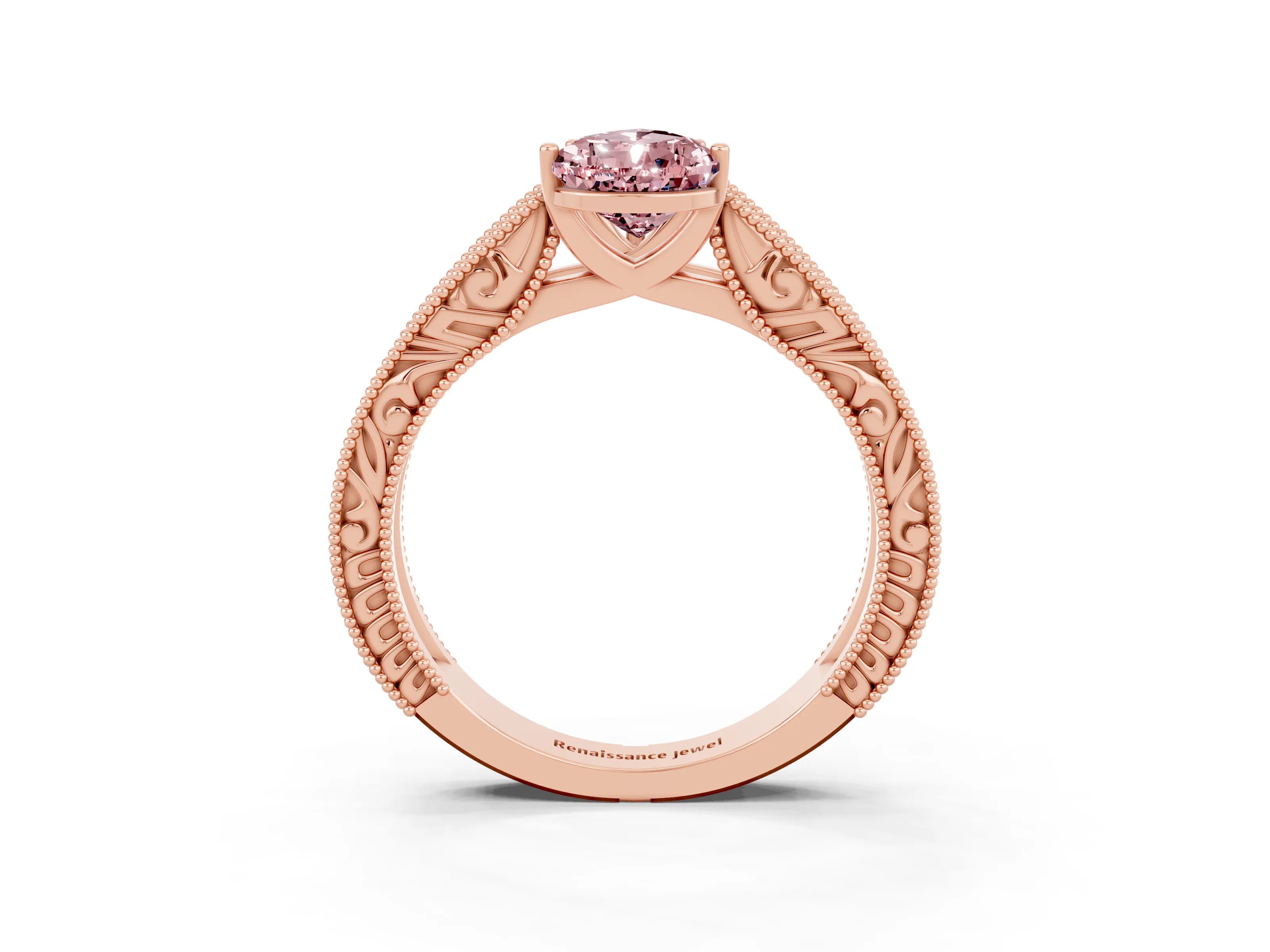 Rose gold Pear Cut Morganite Solitaire Ring with Engraved Band and Four-Prong Setting_3