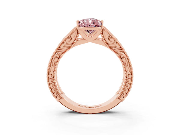 Rose gold Pear Cut Morganite Solitaire Ring with Engraved Band and Four-Prong Setting