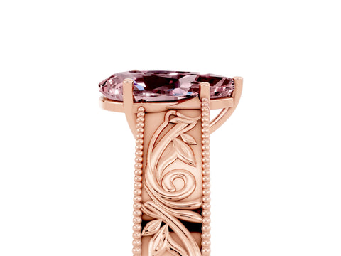 Rose gold Pear Cut Morganite Solitaire Ring with Engraved Band and Four-Prong Setting_5