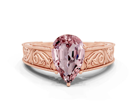Rose gold Pear Cut Morganite Solitaire Ring with Engraved Band and Four-Prong Setting