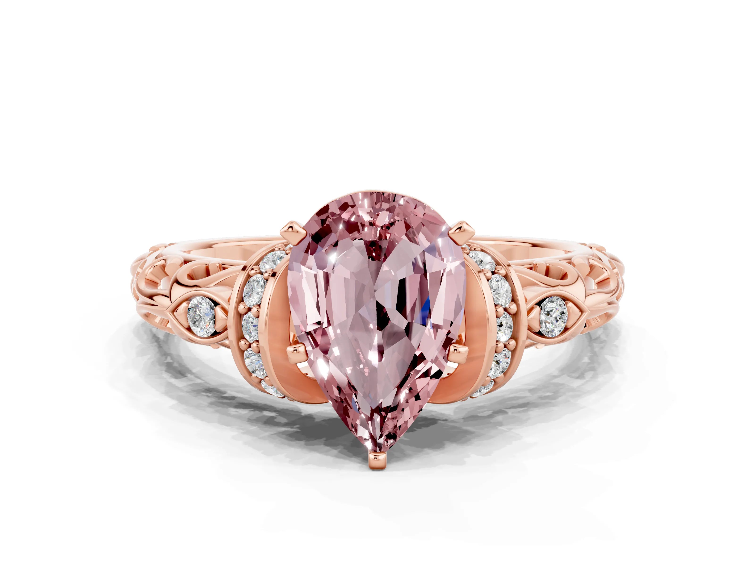 Rose gold Pear Cut Morganite Solitaire Ring with Filigree Band and Four-Prong Setting_24