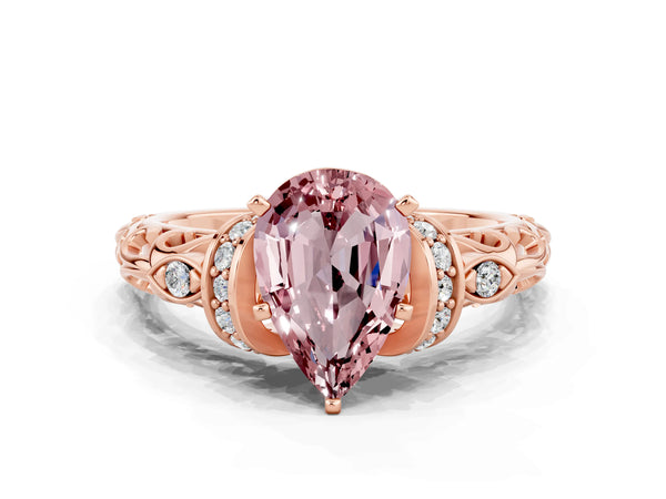 Rose gold Pear Cut Morganite Solitaire Ring with Filigree Band and Four-Prong Setting