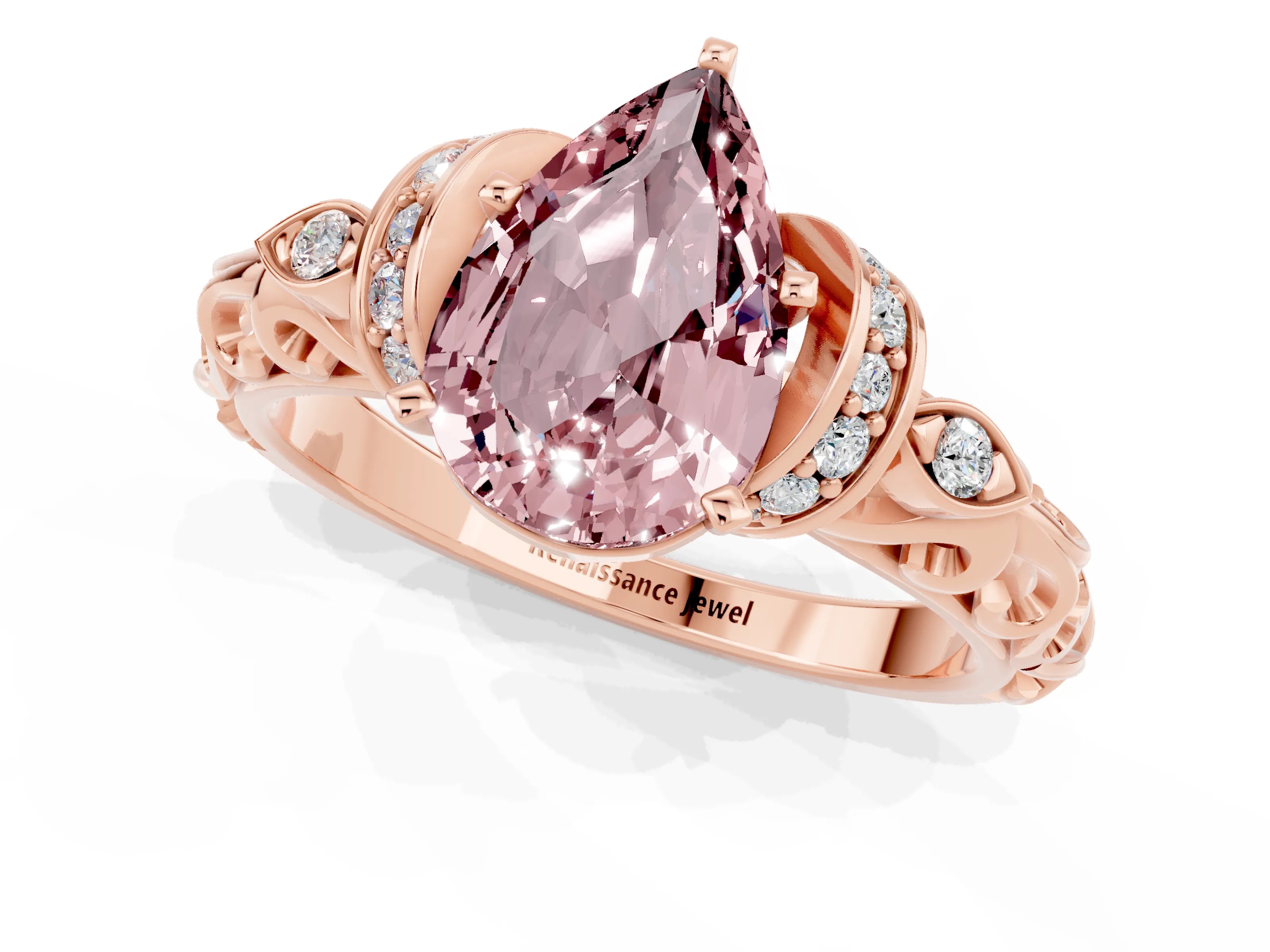 Rose gold Pear Cut Morganite Solitaire Ring with Filigree Band and Four-Prong Setting_25
