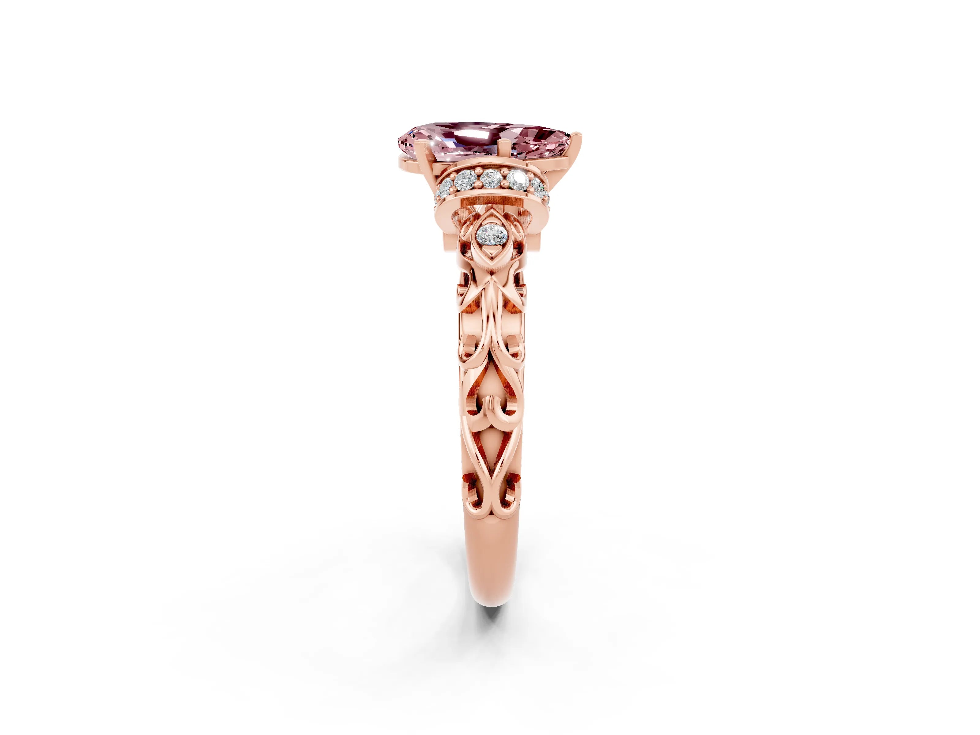 Rose gold Pear Cut Morganite Solitaire Ring with Filigree Band and Four-Prong Setting_26