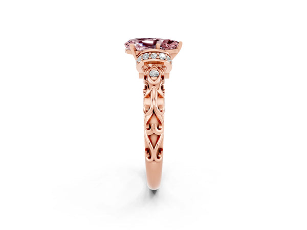 Rose gold Pear Cut Morganite Solitaire Ring with Filigree Band and Four-Prong Setting