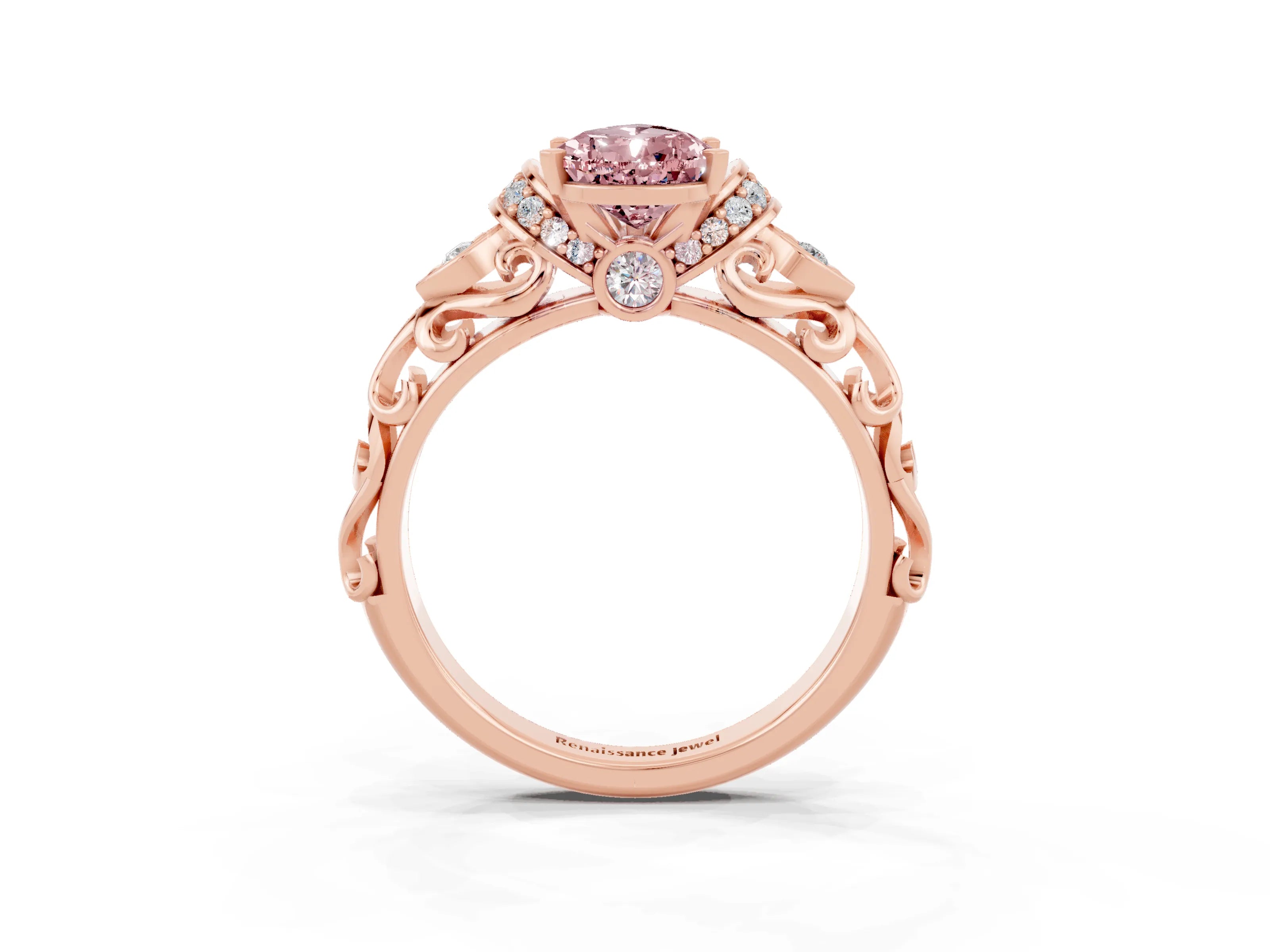 Rose gold Pear Cut Morganite Solitaire Ring with Filigree Band and Four-Prong Setting_27