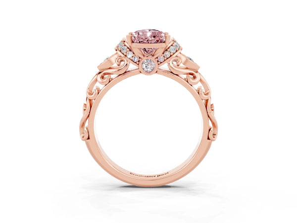 Rose gold Pear Cut Morganite Solitaire Ring with Filigree Band and Four-Prong Setting