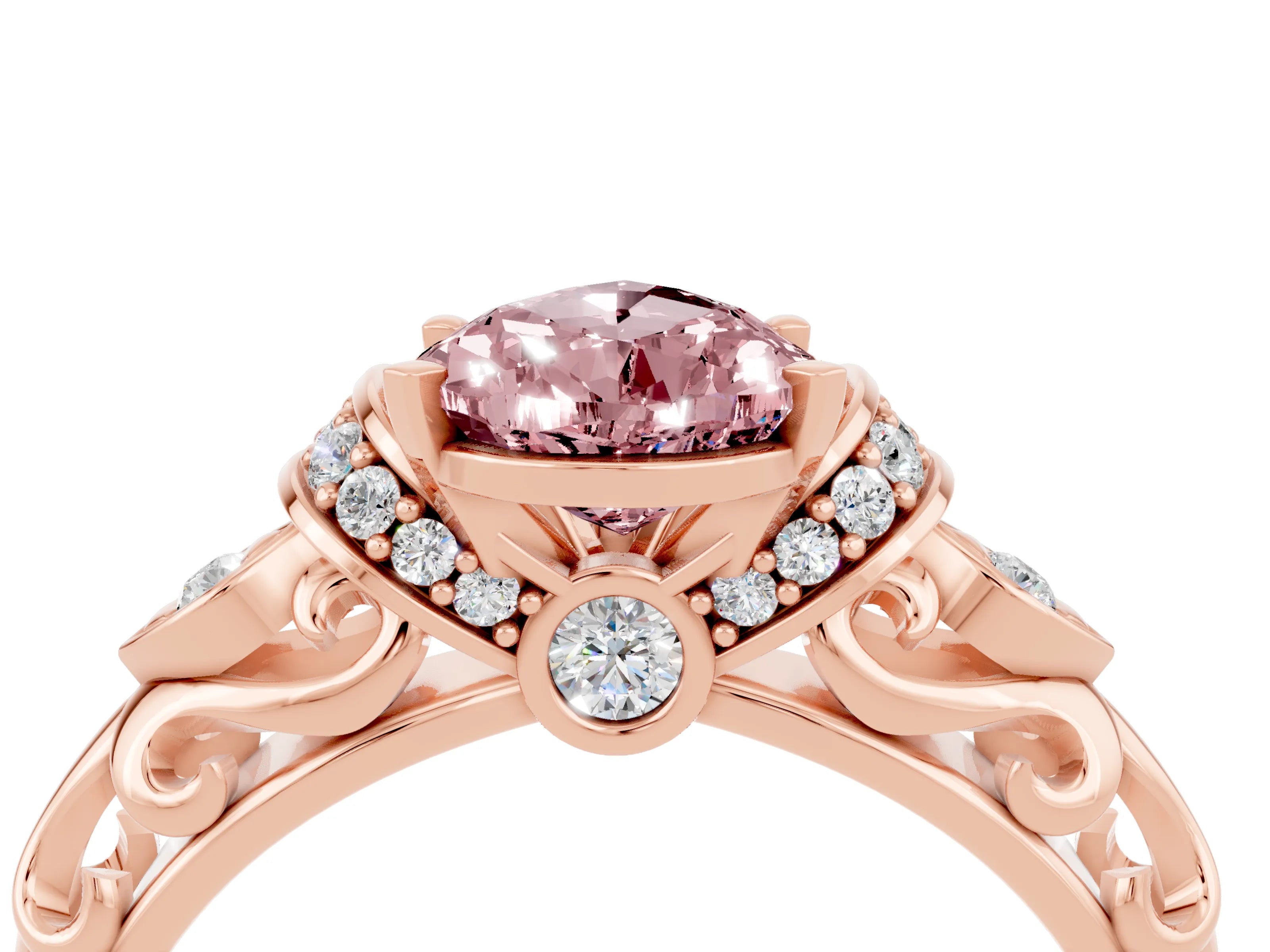 Rose gold Pear Cut Morganite Solitaire Ring with Filigree Band and Four-Prong Setting_28