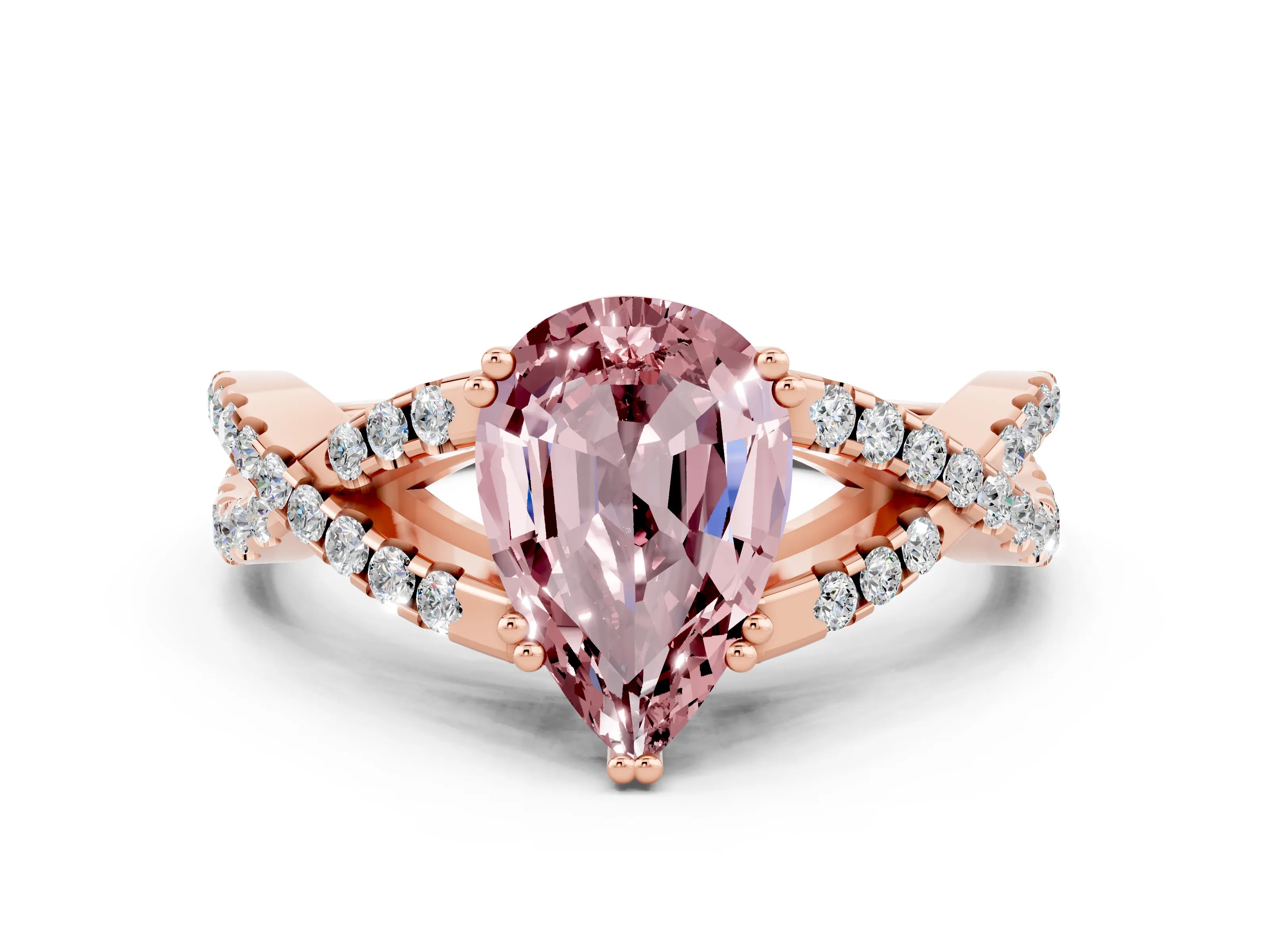 Rose gold Pear Cut Morganite Solitaire Ring with Four-Prong Setting and Twisted Pavé Band
