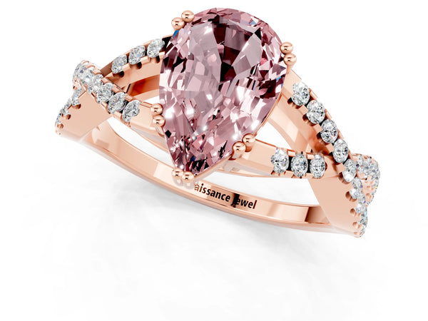 Rose gold Pear Cut Morganite Solitaire Ring with Four-Prong Setting and Twisted Pavé Band