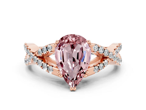 Rose gold Pear Cut Morganite Solitaire Ring with Four-Prong Setting and Twisted Pavé Band