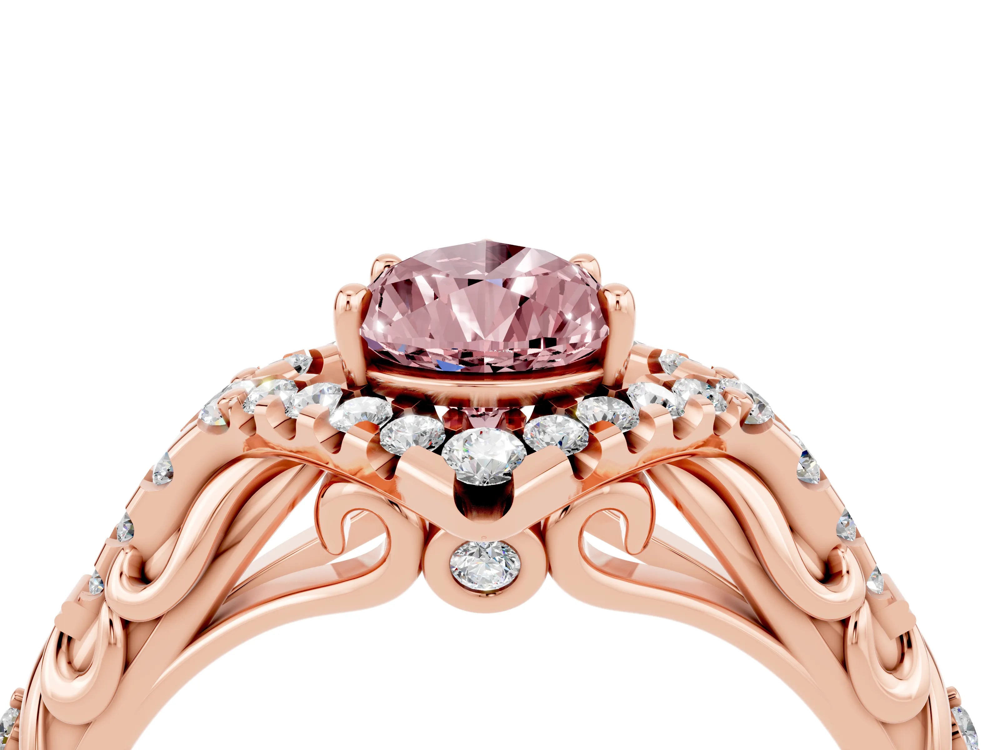 Rose gold Pear Cut Morganite Solitaire Ring with Hidden Halo and Pavé Band_16