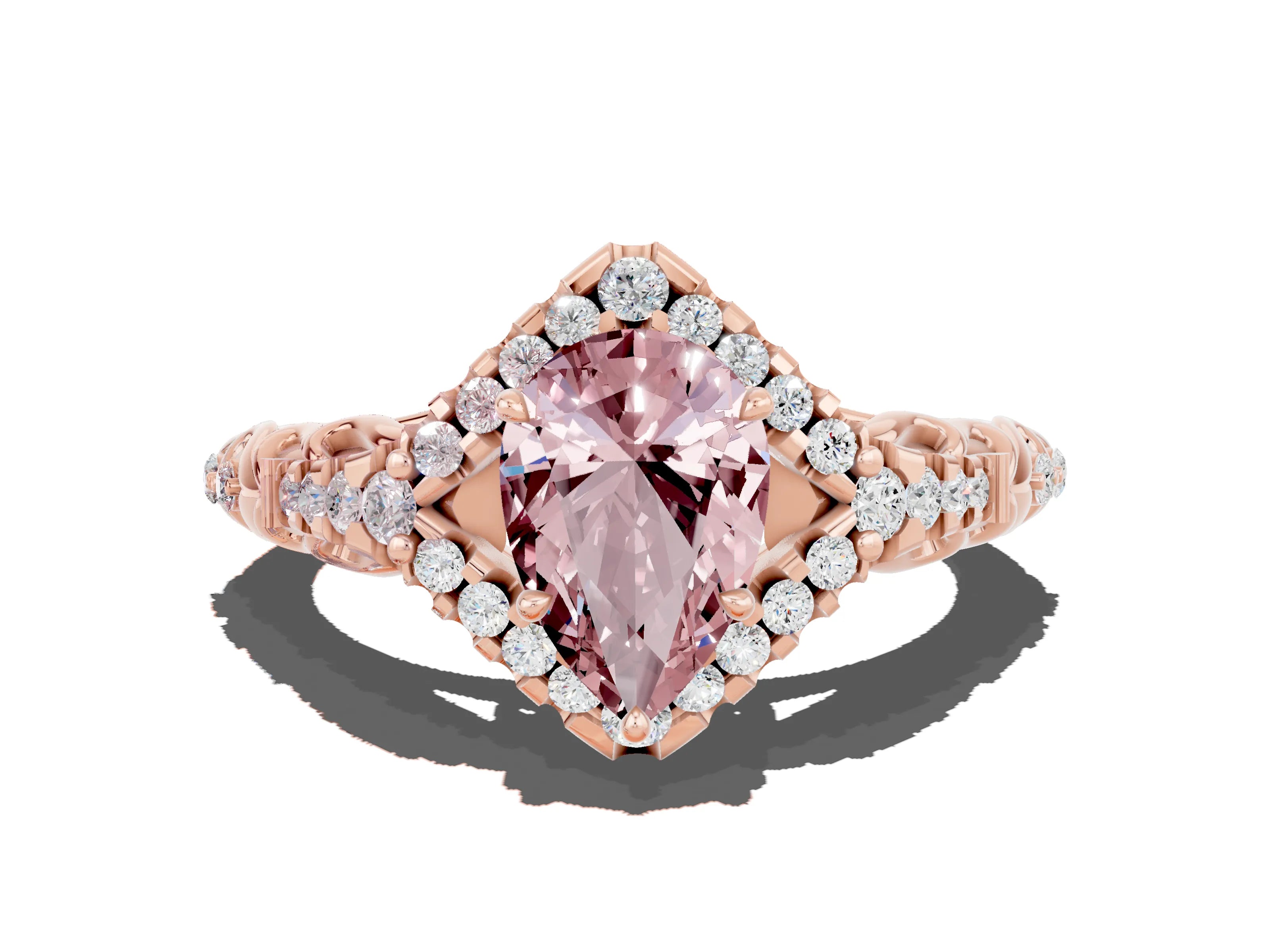 Rose gold Pear Cut Morganite Solitaire Ring with Hidden Halo and Pavé Band_22