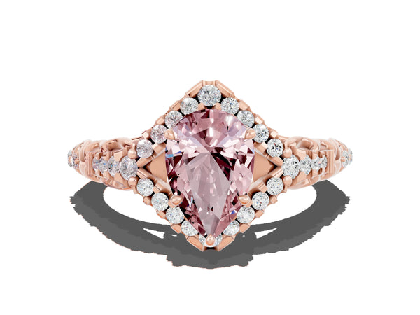 Rose gold Pear Cut Morganite Solitaire Ring with Hidden Halo and Pavé Band