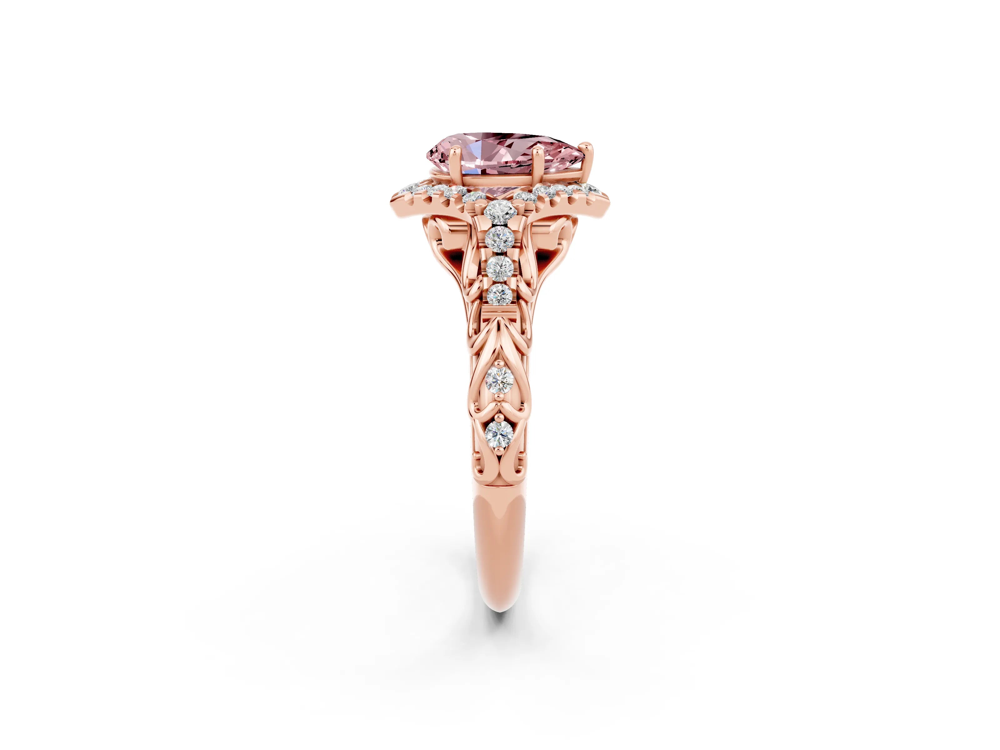 Rose gold Pear Cut Morganite Solitaire Ring with Hidden Halo and Pavé Band_24