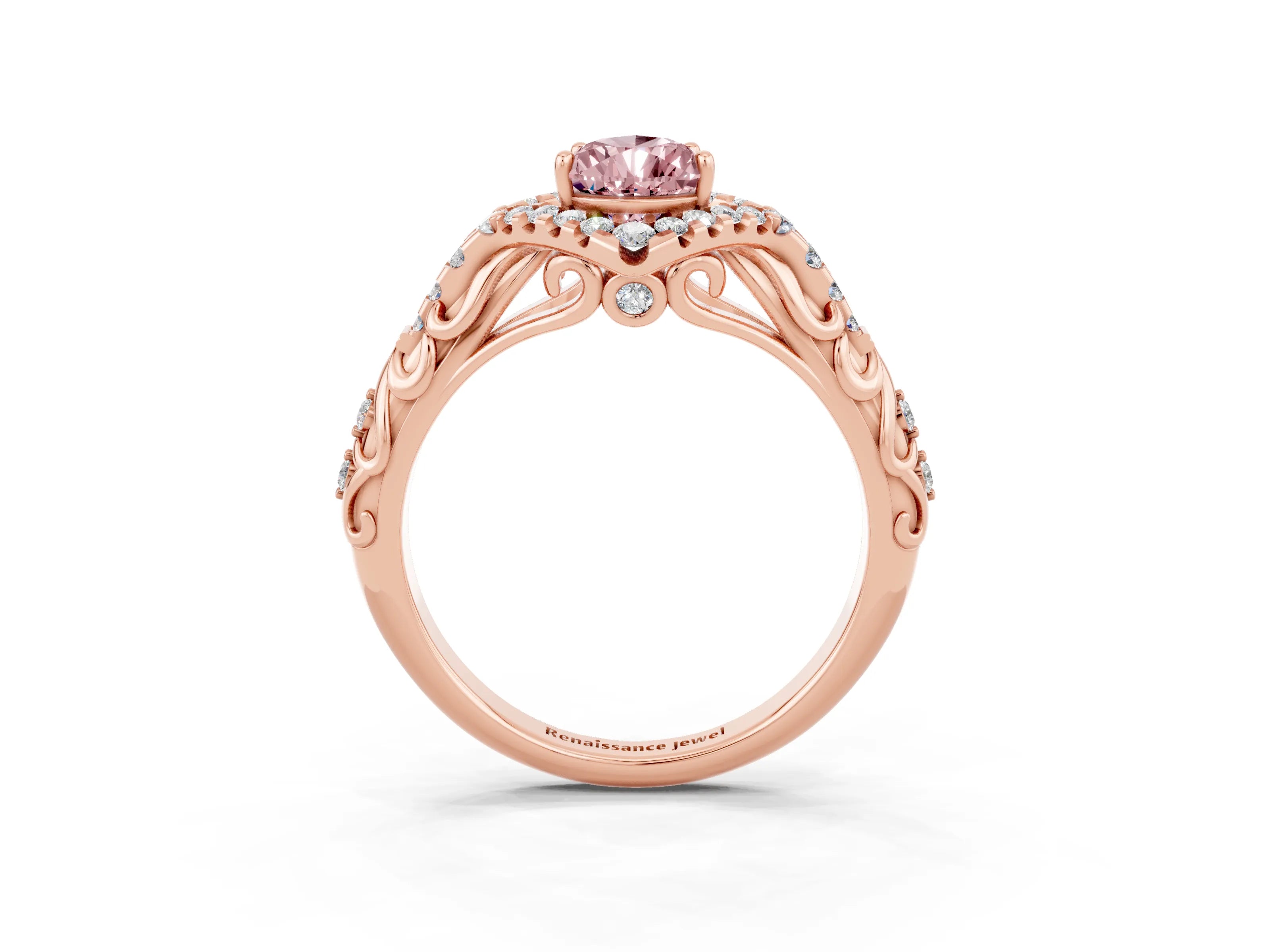 Rose gold Pear Cut Morganite Solitaire Ring with Hidden Halo and Pavé Band_25