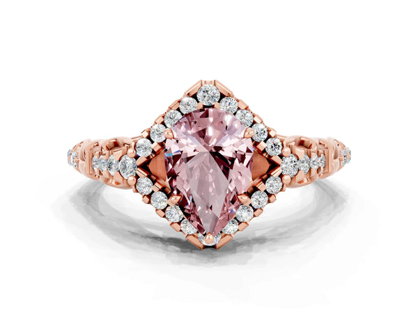 Rose gold Pear Cut Morganite Solitaire Ring with Hidden Halo and Pavé Band