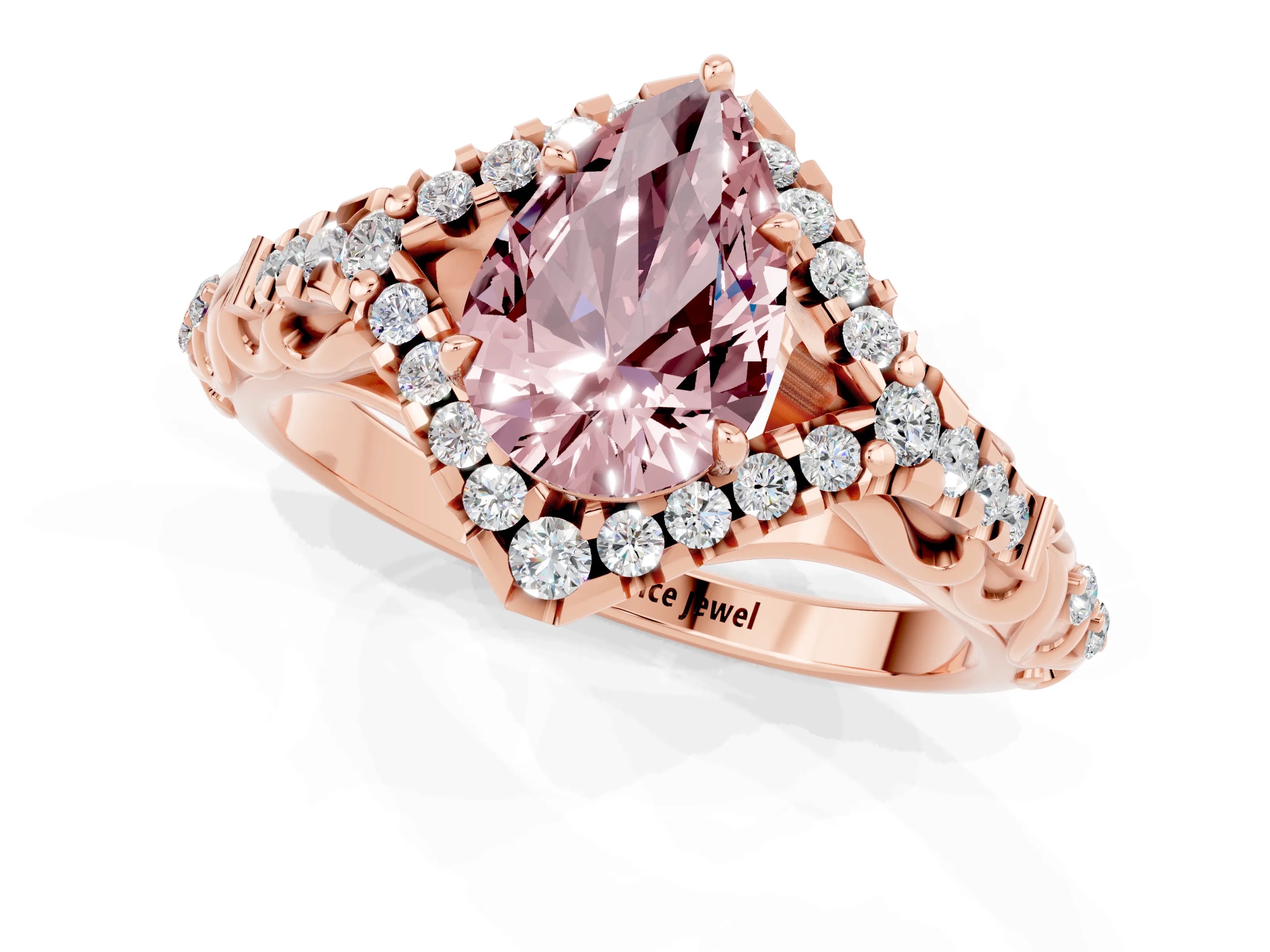 Rose gold Pear Cut Morganite Solitaire Ring with Hidden Halo and Pavé Band_37