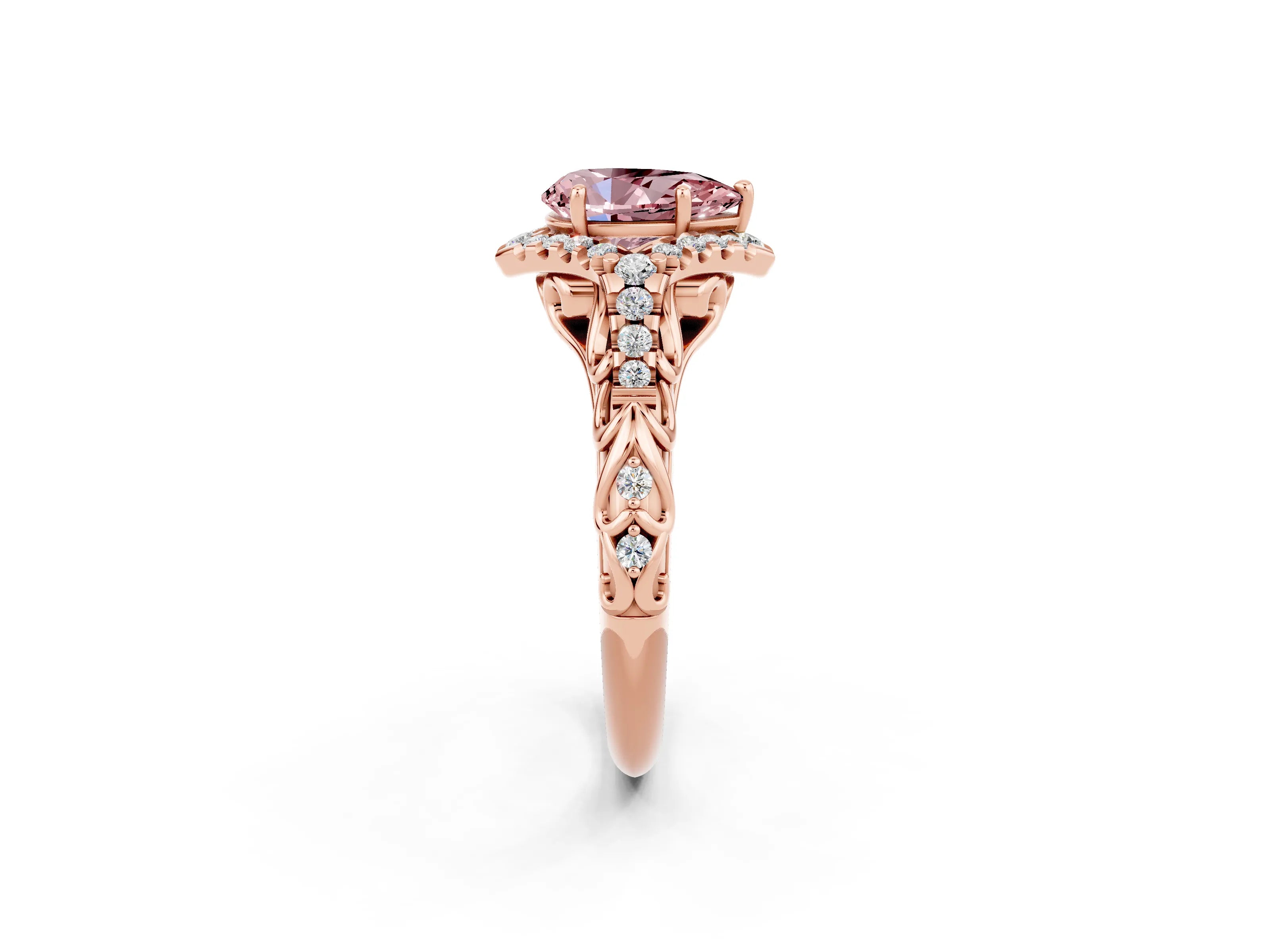Rose gold Pear Cut Morganite Solitaire Ring with Hidden Halo and Pavé Band_38