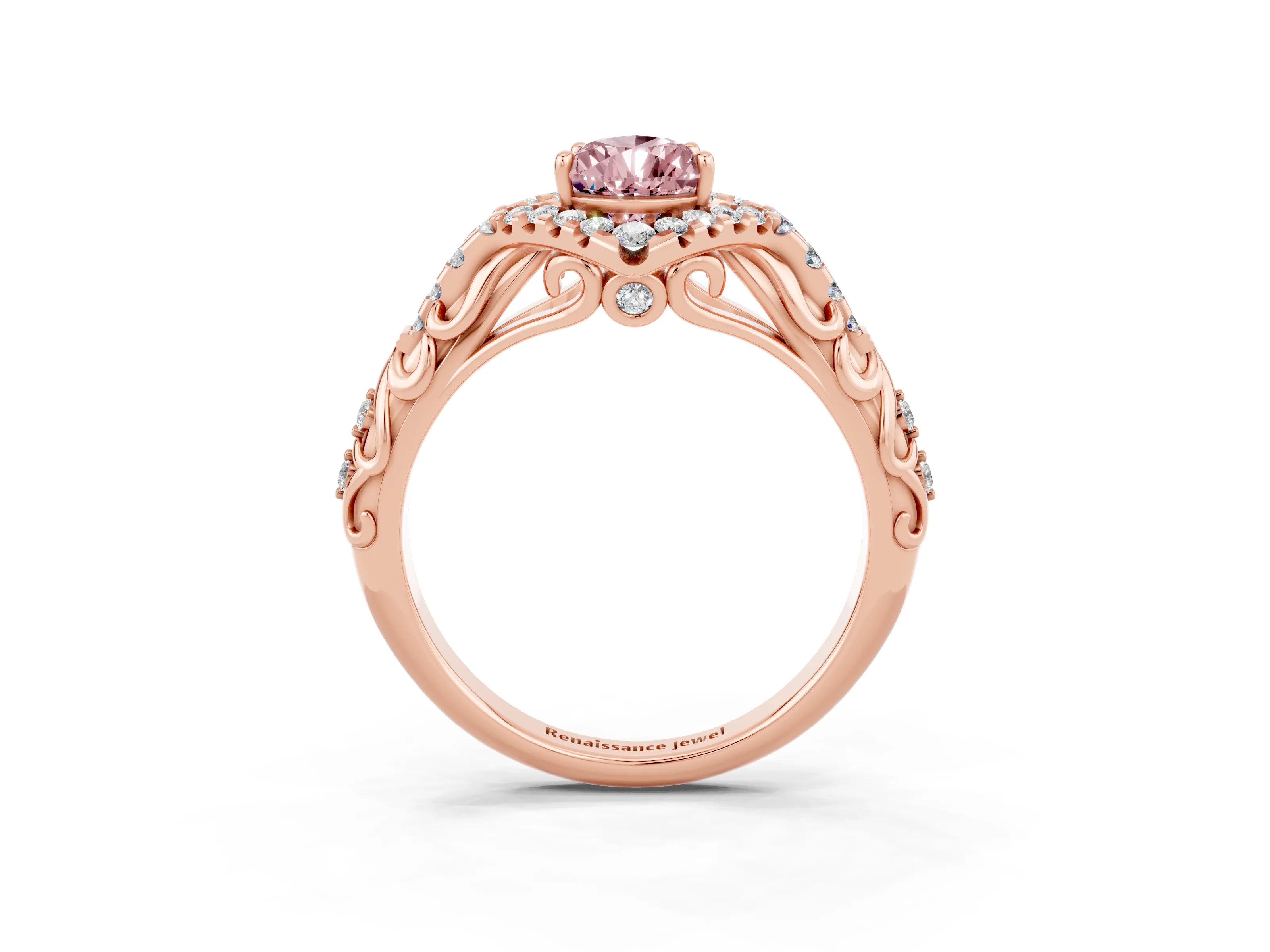 Rose gold Pear Cut Morganite Solitaire Ring with Hidden Halo and Pavé Band_39
