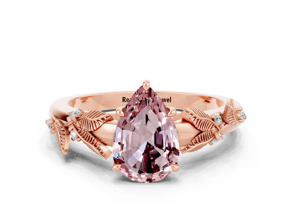 Rose gold Pear Cut Morganite Solitaire Ring with Leaf Motif Band and Four-Prong Setting