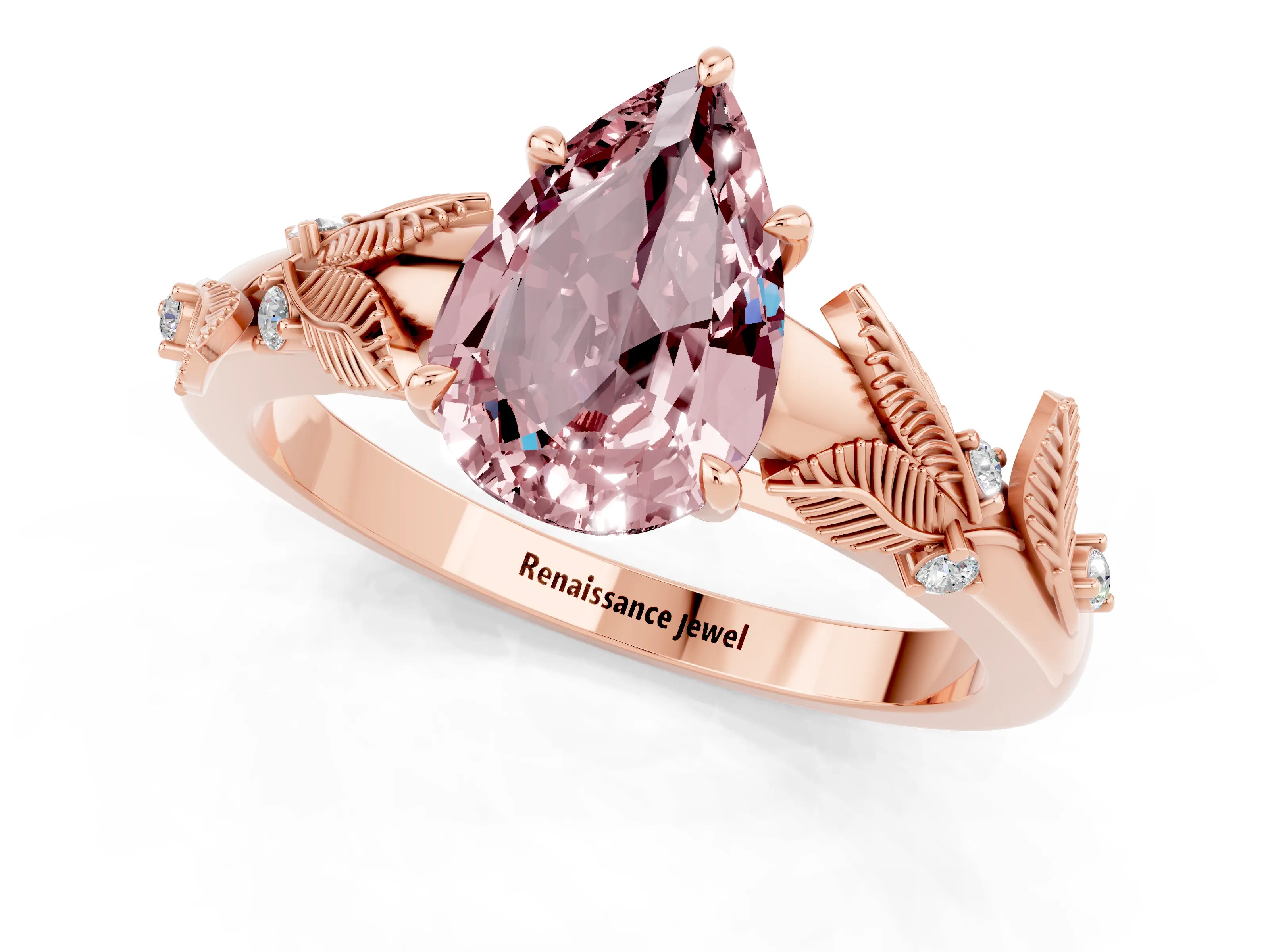 Rose gold Pear Cut Morganite Solitaire Ring with Leaf Motif Band and Four-Prong Setting_1