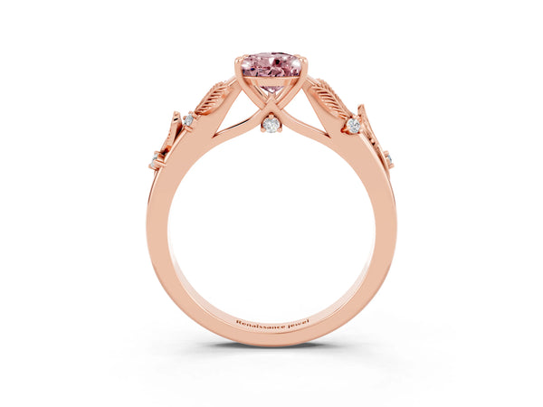 Rose gold Pear Cut Morganite Solitaire Ring with Leaf Motif Band and Four-Prong Setting