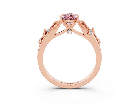 Rose gold Pear Cut Morganite Solitaire Ring with Leaf Motif Band and Four-Prong Setting_3