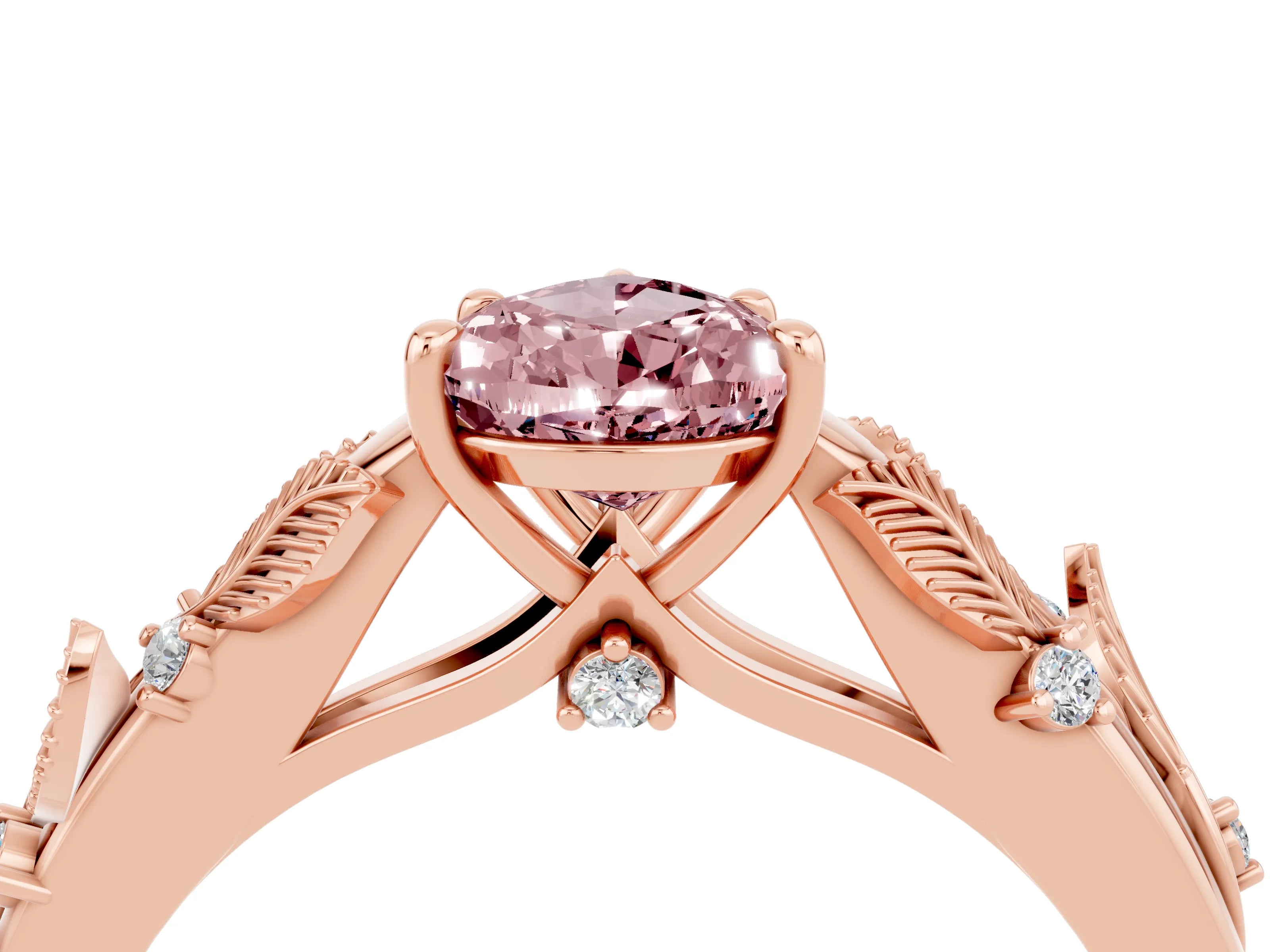 Rose gold Pear Cut Morganite Solitaire Ring with Leaf Motif Band and Four-Prong Setting_4