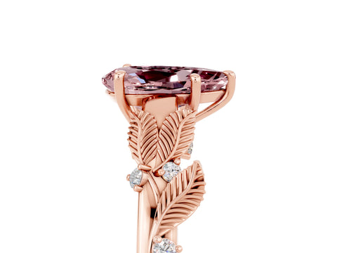 Rose gold Pear Cut Morganite Solitaire Ring with Leaf Motif Band and Four-Prong Setting_5
