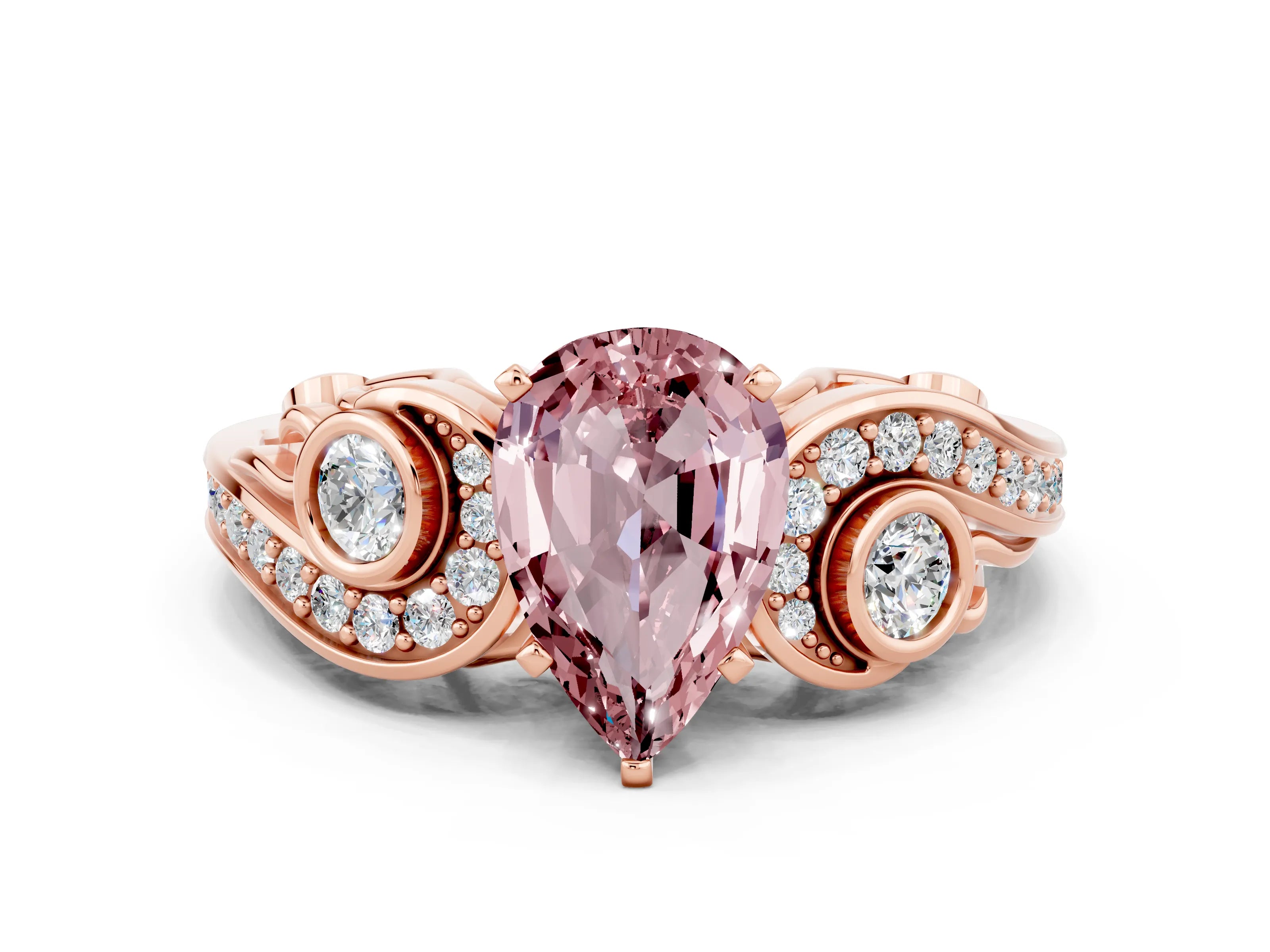 Rose gold Pear Cut Morganite Solitaire Ring with Milgrain Pavé Band and Four-Prong Setting_24
