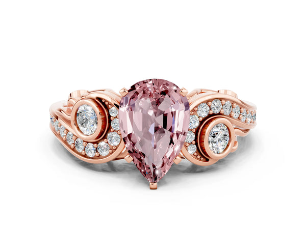 Rose gold Pear Cut Morganite Solitaire Ring with Milgrain Pavé Band and Four-Prong Setting