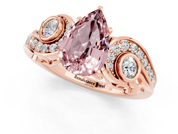 Rose gold Pear Cut Morganite Solitaire Ring with Milgrain Pavé Band and Four-Prong Setting