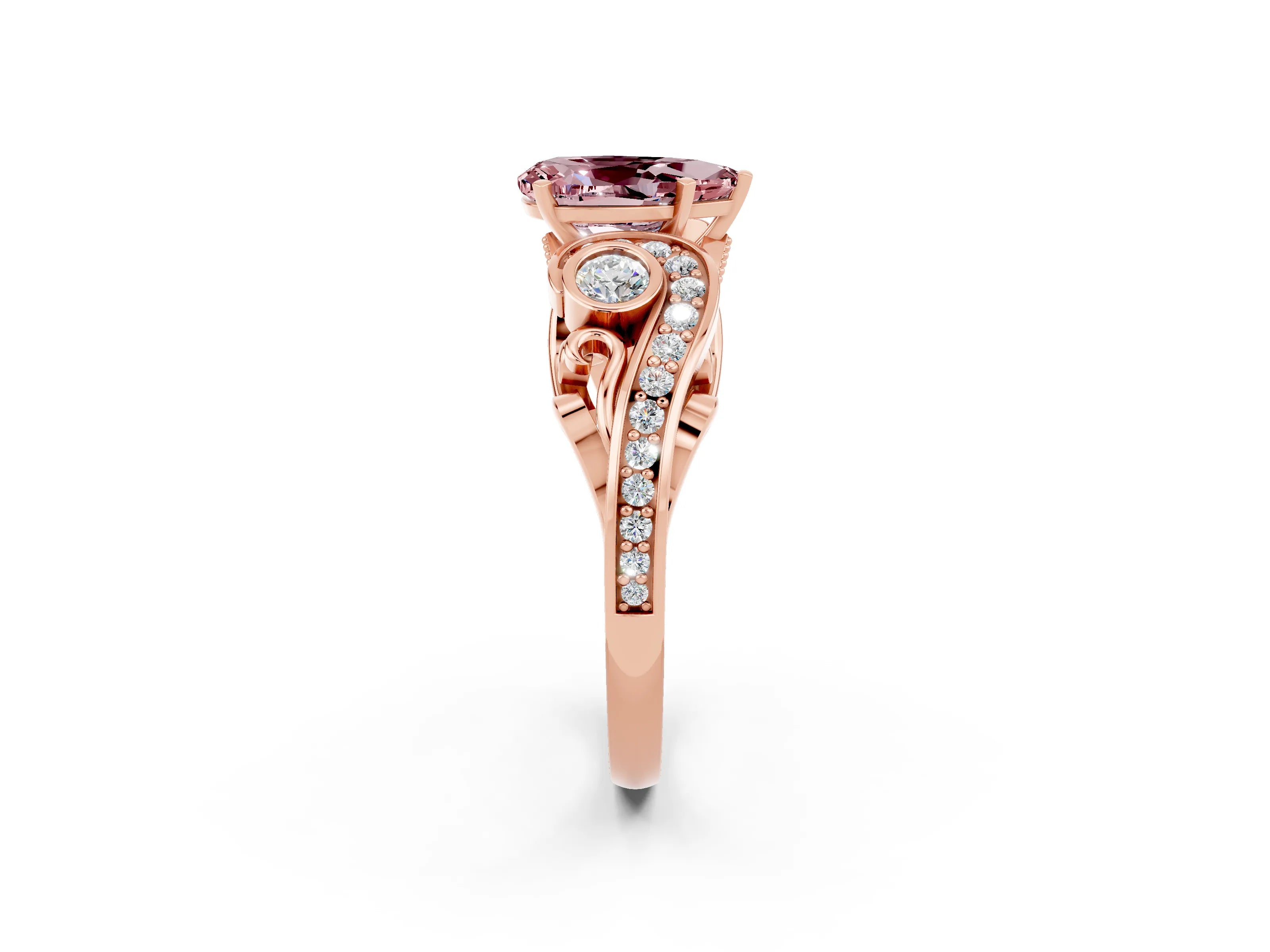 Rose gold Pear Cut Morganite Solitaire Ring with Milgrain Pavé Band and Four-Prong Setting_26