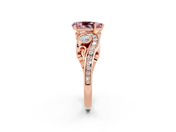 Rose gold Pear Cut Morganite Solitaire Ring with Milgrain Pavé Band and Four-Prong Setting
