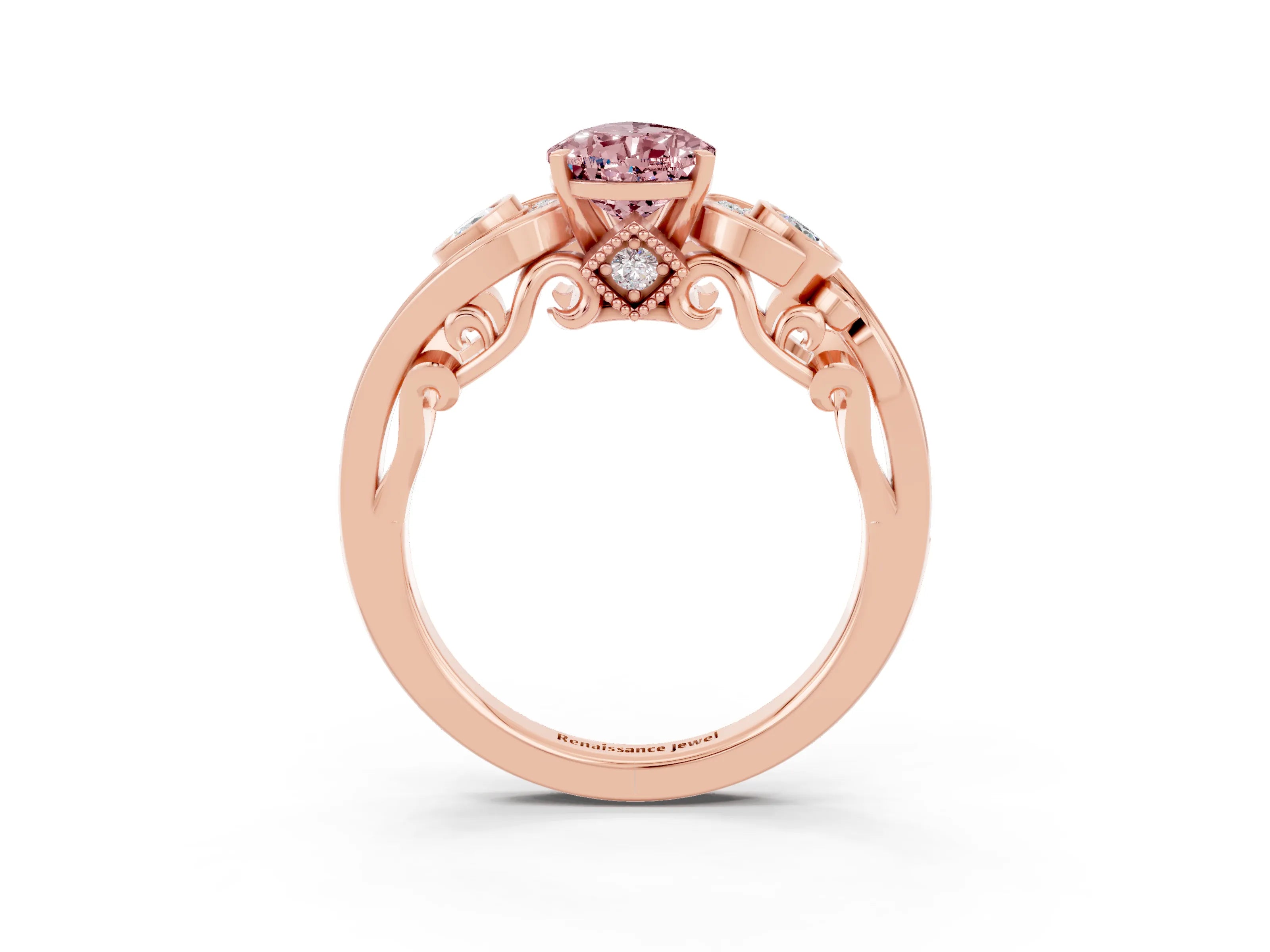 Rose gold Pear Cut Morganite Solitaire Ring with Milgrain Pavé Band and Four-Prong Setting_27