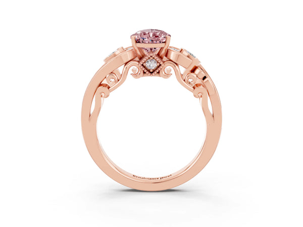 Rose gold Pear Cut Morganite Solitaire Ring with Milgrain Pavé Band and Four-Prong Setting