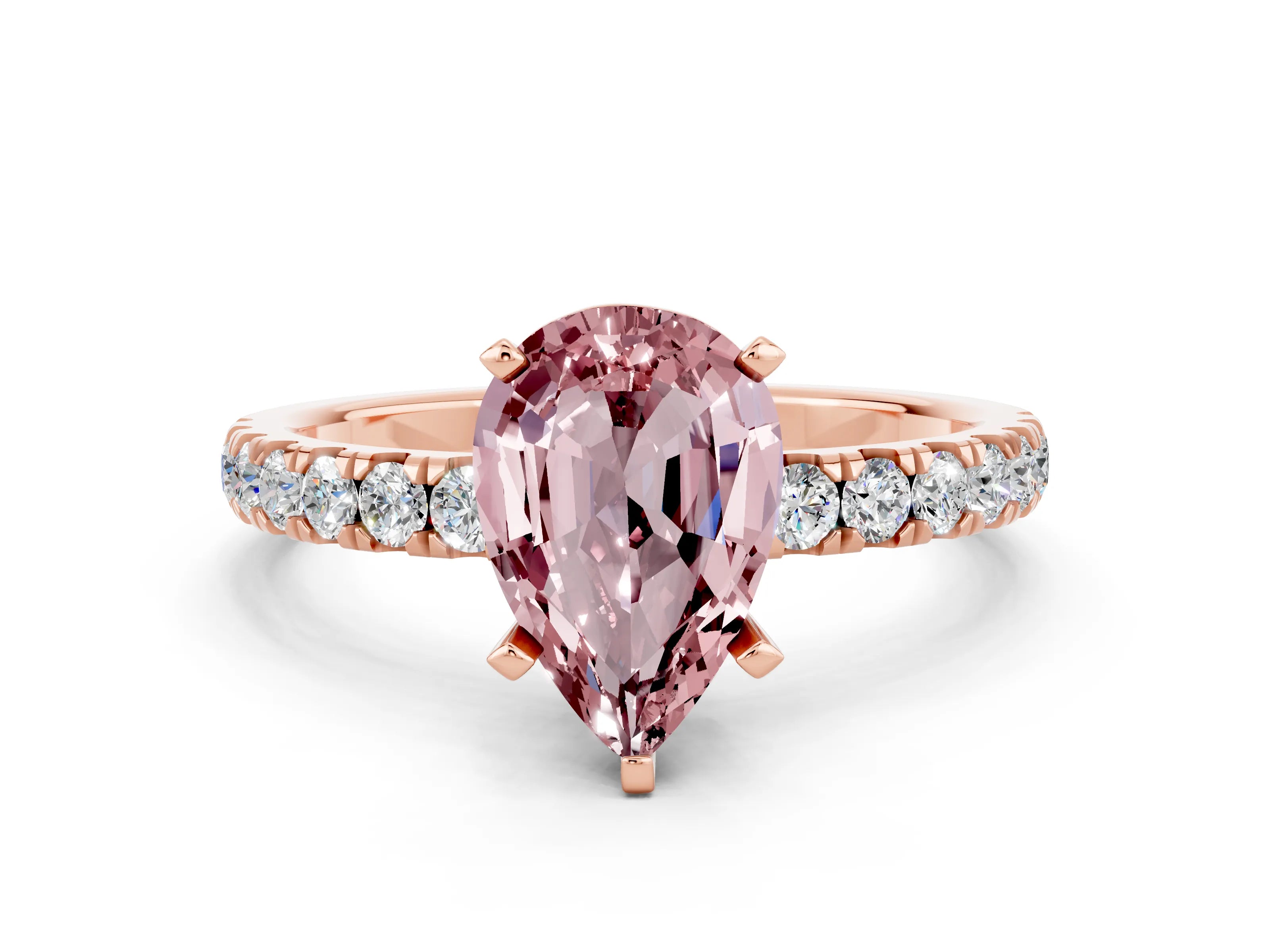 Rose gold Pear Cut Morganite Solitaire Ring with Pavé Accents and Four-Prong Setting