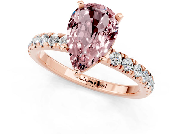 Rose gold Pear Cut Morganite Solitaire Ring with Pavé Accents and Four-Prong Setting
