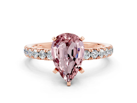 Rose gold Pear Cut Morganite Solitaire Ring with Pavé Accents and Four-Prong Setting