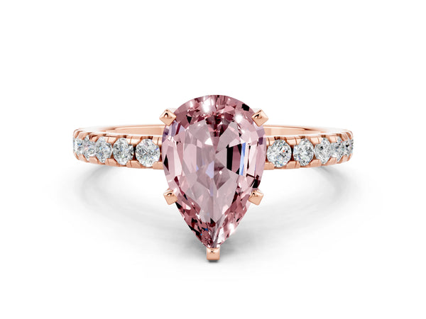 Rose gold Pear Cut Morganite Solitaire Ring with Round  Pavé Band and Four-Prong Setting