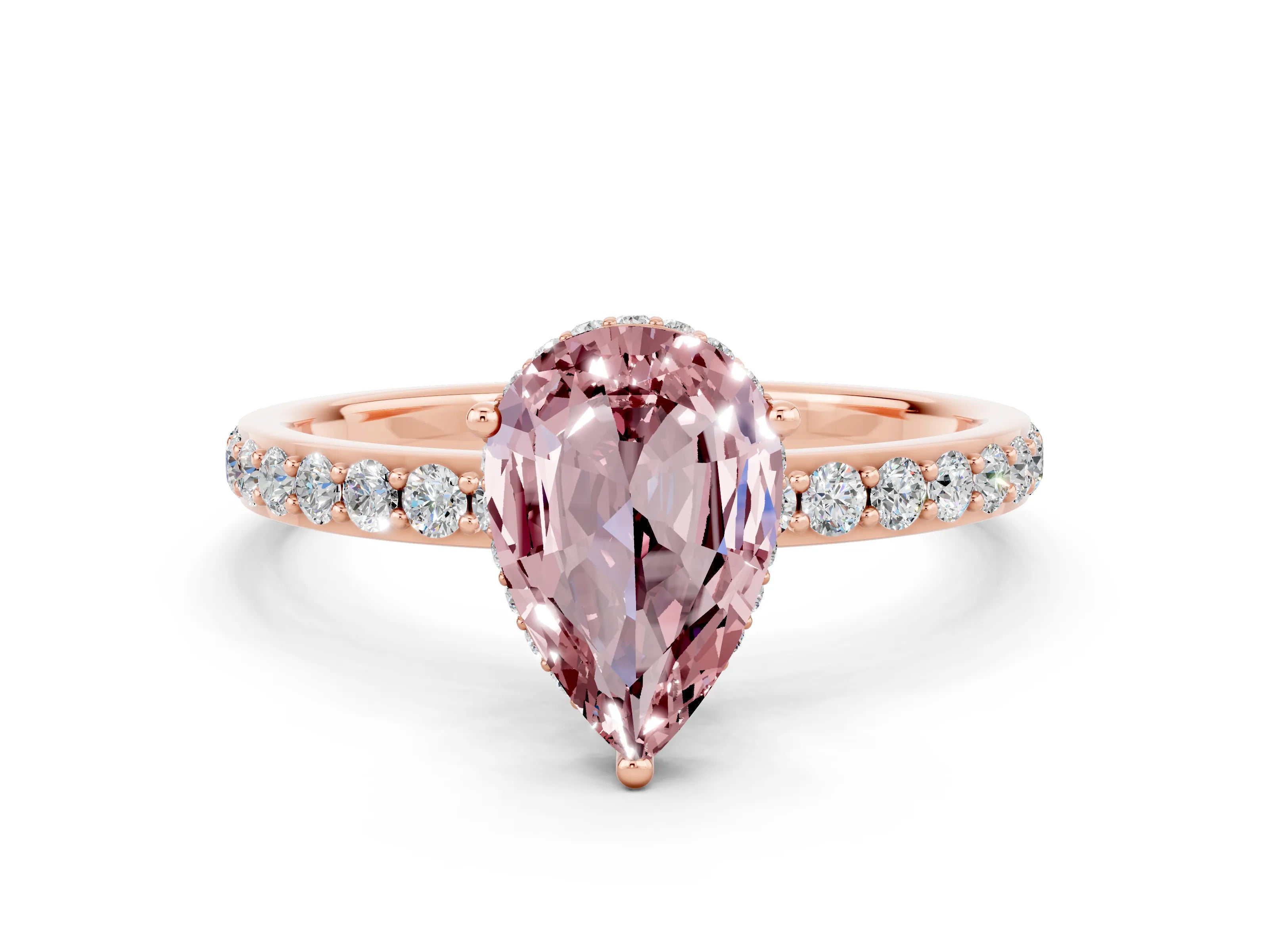 Rose gold Pear Cut Morganite Solitaire Ring with Pavé Band and Hidden Halo_12