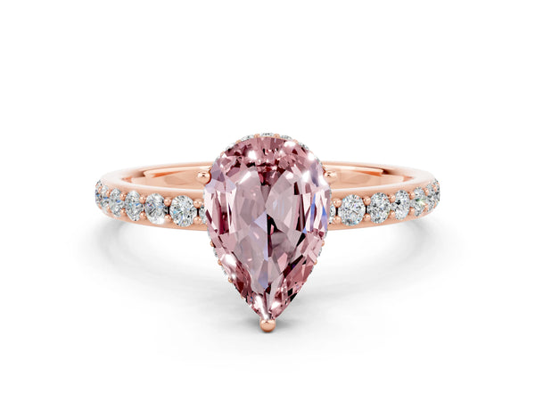 Rose gold Pear Cut Morganite Solitaire Ring with Pavé Band and Hidden Halo