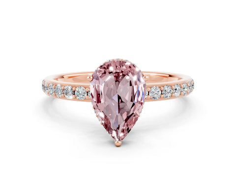 Rose gold Pear Cut Morganite Solitaire Ring with Pavé Band and Hidden Halo_12