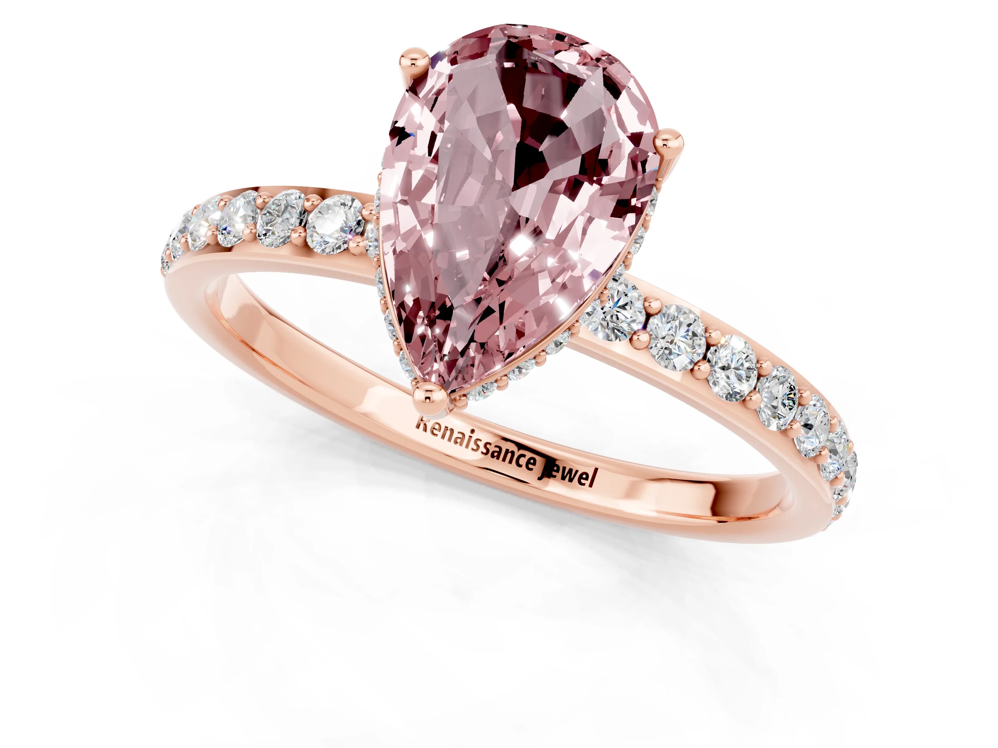 Rose gold Pear Cut Morganite Solitaire Ring with Pavé Band and Hidden Halo_13