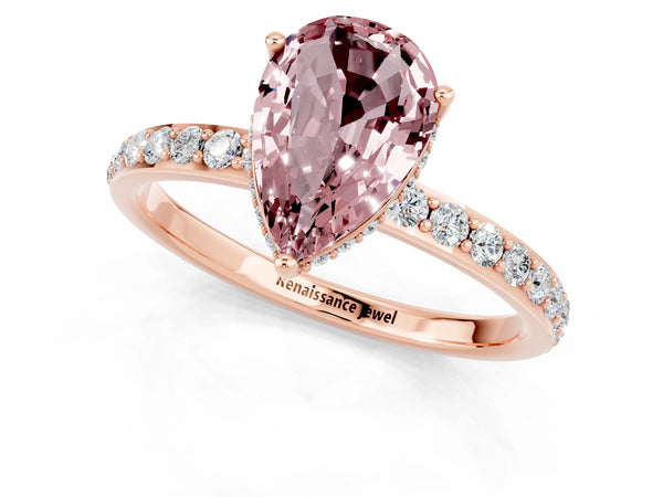 Rose gold Pear Cut Morganite Solitaire Ring with Pavé Band and Hidden Halo