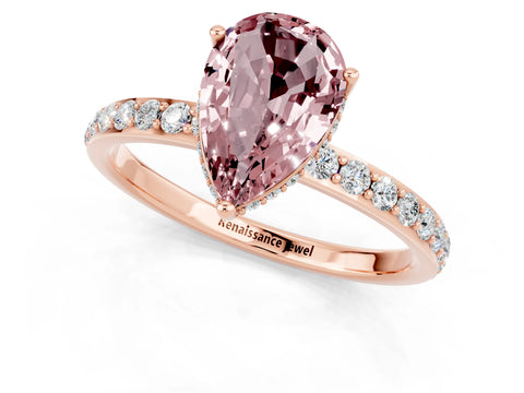 Rose gold Pear Cut Morganite Solitaire Ring with Pavé Band and Hidden Halo_13