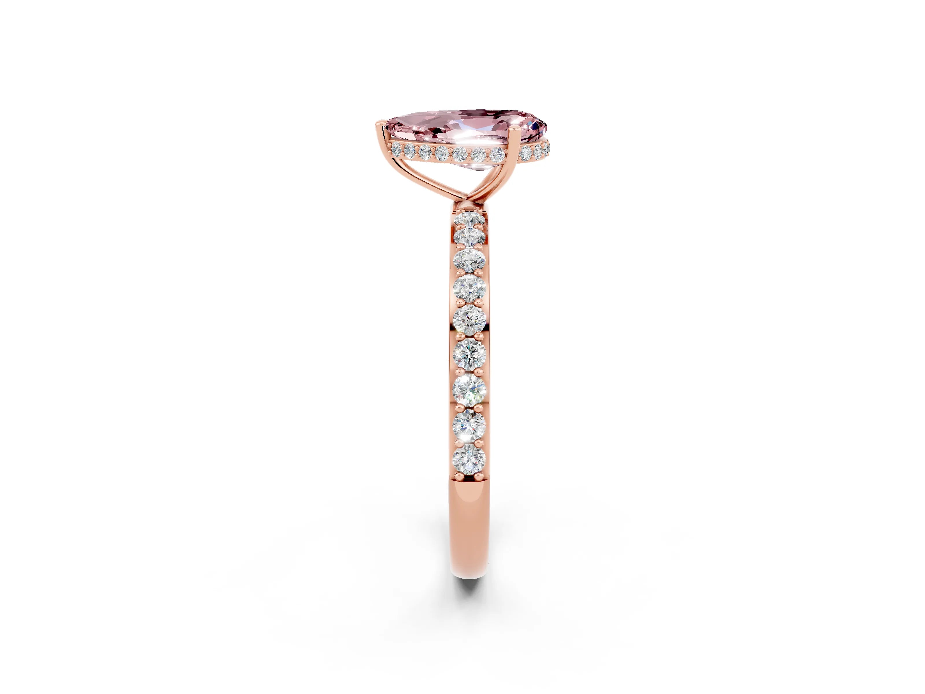 Rose gold Pear Cut Morganite Solitaire Ring with Pavé Band and Hidden Halo_14